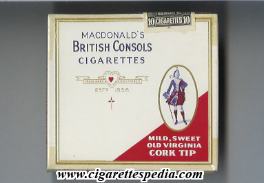british consols macdonald s mild sweet old virginia cork tip s 10 b white red canada