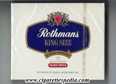 rothmans english version by special appointment filter tipped ks 25 b canada usa england