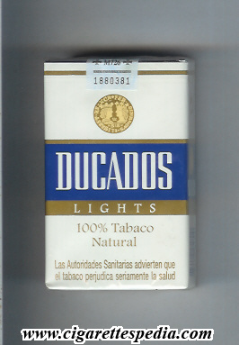 ducados cigarettes Ducados (100 Percent Tabaco Natural Lights) KS-20-H (white and blue and  gold) - Spain