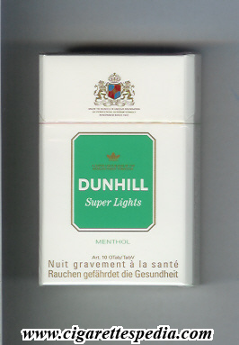 dunhill english version super lights menthol ks 20 h white green holland switzerland